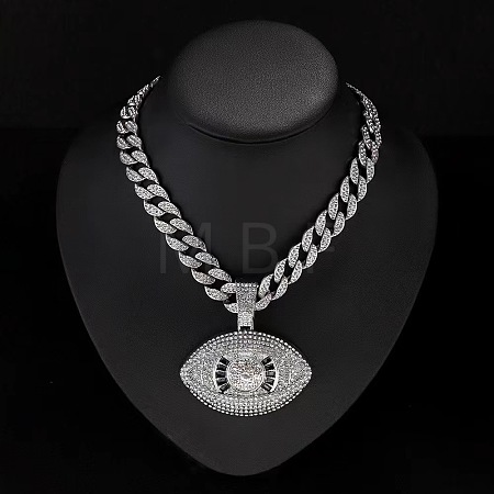 Zinc Alloy Full Crystal Rhinestone with Enamel Black Evil Eye Pendant Cuban Link Chain Necklaces for Men FS-WG3C954-02-1