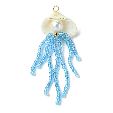 Natural Clam Shell & Glass Pearl & Glass Seed Beaded Big Pendants PALLOY-MZ00298-02-1