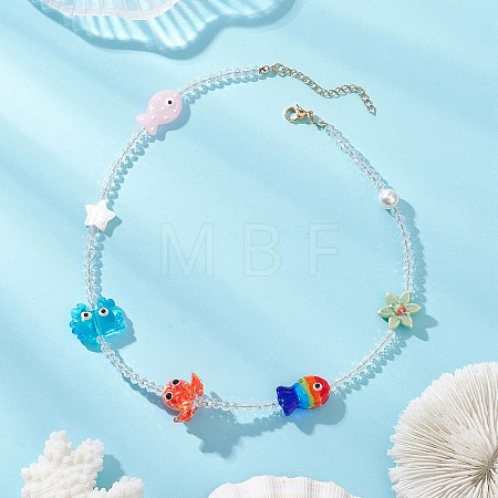 Summer Beach Handmade Lampwork Fish Octopus & Porcelain Flower & Star Natural Shell & Electroplate Glass Beaded Necklaces NJEW-TA00248-1