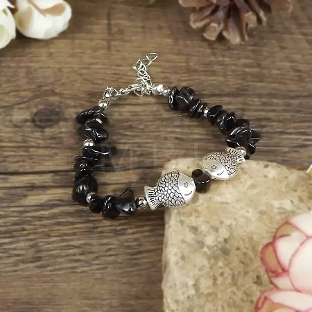 Natural Obsidian Chip & Alloy Beaded Bracelets for Women YV2517-3-1
