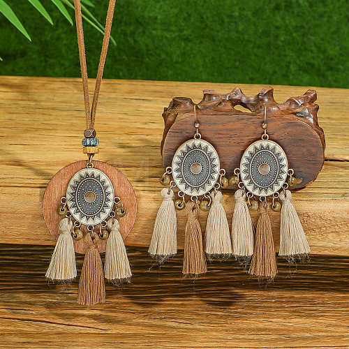 Bohemian Alloy & Wood Pendant Necklaces & Tassel Dangle Earrings Sets WG0AFF1-02-1