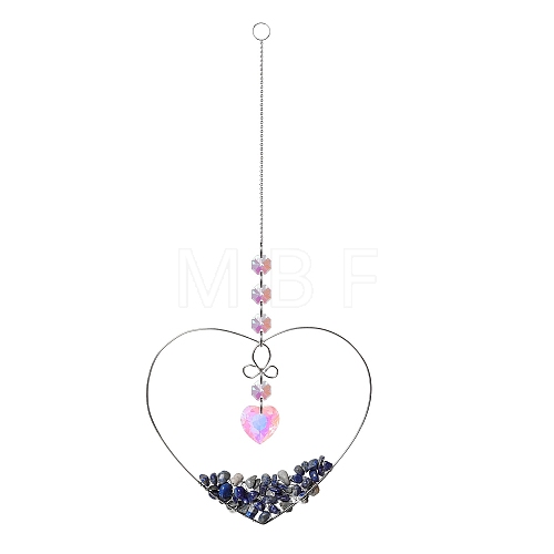 Natural Sodalite Chips Wire Wrapped Metal Heart Hanging Ornaments PW-WG7A082-06-1