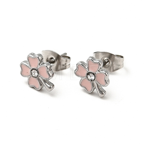 Enamel Clover with Crystal Rhinestone Stud Earrings with 316 Surgical Stainless Steel Pins EJEW-A081-12P-01-1