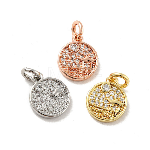 Flat Round with Pavilion Brass Micro Pave Clear Cubic Zirconia Charms KK-G425-19-1