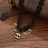 Halloween Gothic Alloy Skull Tassel Black Polyester Flower Lace Choker Necklaces for Women FS-WGBADFE-01-2