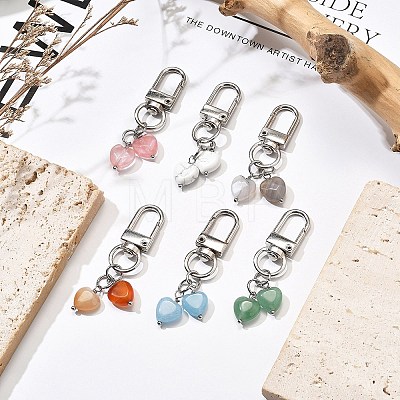 Heart Natural Green Aventurine & Red Agate & Grey Agate & Aquamarine & Howlite & Cherry Quartz Glass Pendant Decoration HJEW-JM02493-1