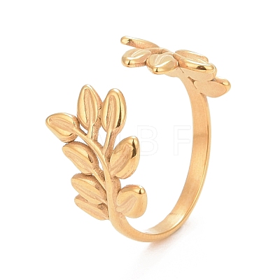 Ion Plating(IP) 304 Stainless Steel Leaf Open Cuff Ring for Women RJEW-C025-09G-1