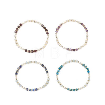 Natural Gemstone & Cultured Freshwater Pearl Cube & Rice Beaded Stretch Bracelets for Women BJEW-JB13390-1
