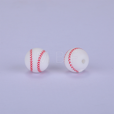 Printed Round with Baseball Pattern Silicone Focal Beads SI-JX0056A-104-1