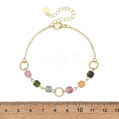 Natural Multicolor Tourmaline Faceted Cube Beaded Brass Chain Bracelets for Women BJEW-JB14334-01-1