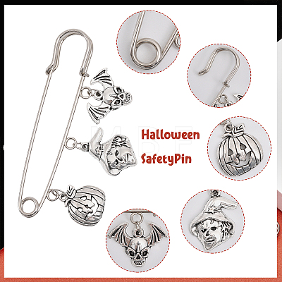 SUPERFINDINGS 8Pcs 8 Style Halloween Pumpkin & Skull & Witch & Cat Zinc Alloy Charms Safety Pin Brooches Set JEWB-FH0001-30-1