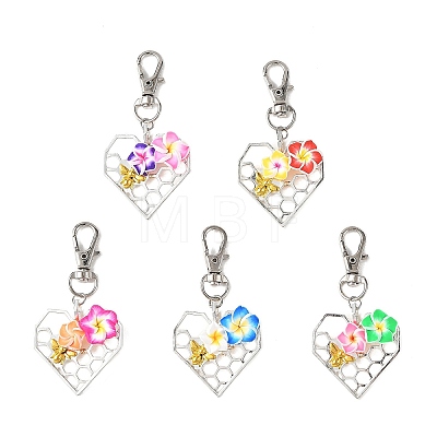 Handmade Polymer Clay 3D Flower & Alloy Heart Honeycomb Pendant Decorations HJEW-JM05011-1