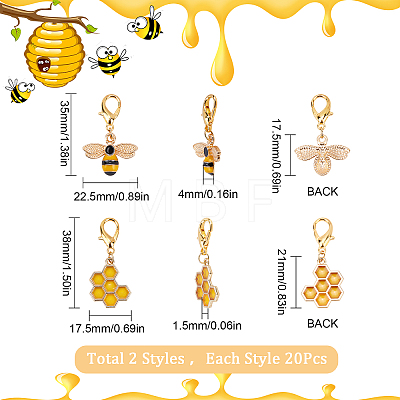 40Pcs 2 Style Alloy Enamel Honeycomb & Bees Pendant Decorations HJEW-SC0001-21-1