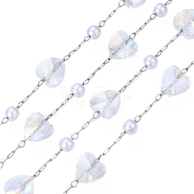 Glass Heart & ABS Plastic Pearl Beaded Chains CHS-N003-06B-1