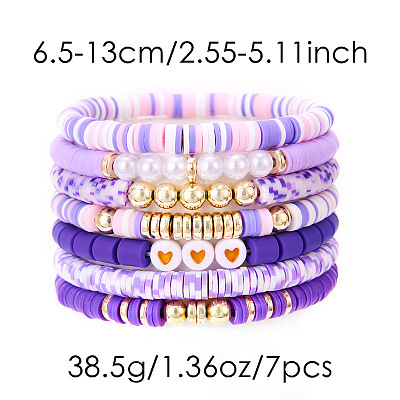 7Pcs Heart Pattern Polymer Clay & Plastic Pearl & CCB Plastic Beaded Stretch Bracelet Set for Women FS-WG634BB-01-1