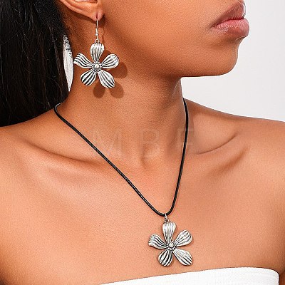 Flower Alloy Dangle Earrings & Wax Cord Pendant Necklaces Sets for Women FS-WG32CFB-02-1