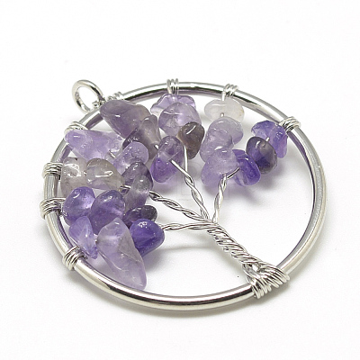 Natural Amethyst Beads Iron Wire Wrapped Pendants G-R001-P04-1