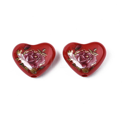 Flower Printed Opaque Acrylic Heart Beads SACR-S305-28-I03-1