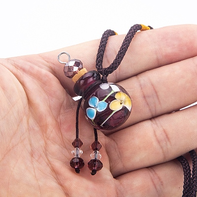 Flower Pattern Handmade Lampwork Perfume Essence Bottle Pendant Necklace BOTT-PW0013-04-1