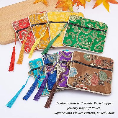 16Pcs 8 Colors Chinese Brocade Tassel Zipper Jewelry Bag Gift Pouch ABAG-HY0001-02-1