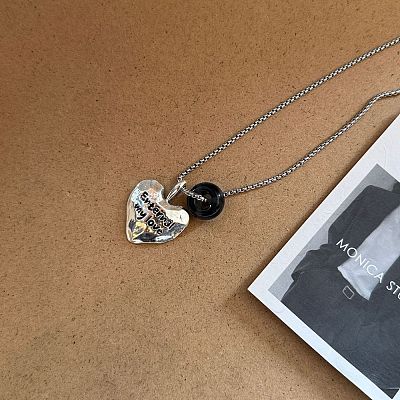 Women's Natural Black Onyx(Dyed & Heated) Rondelle Bead & Alloy Heart Pendant Necklaces for Women WG862D8-04-1