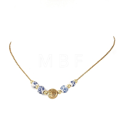 Floral Printed Round Handmade Porcelain & Brass Tree of Life Graduated Beaded Necklaces NJEW-JN06437-1