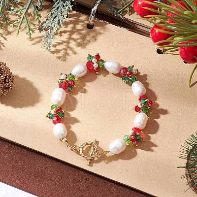 Christmas Glass & Shell Pearl & Pearl & Brass Beaded Bracelets for Women BJEW-TA00688-1