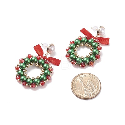 Glass Pearl Braided Christmas Wreath Dangle Stud Earrings EJEW-TA00082-1