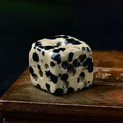 Natural Dalmatian Jasper Carved Dice Figurines Statues for Home Office Desktop Decoration PW-WG06413-08-1