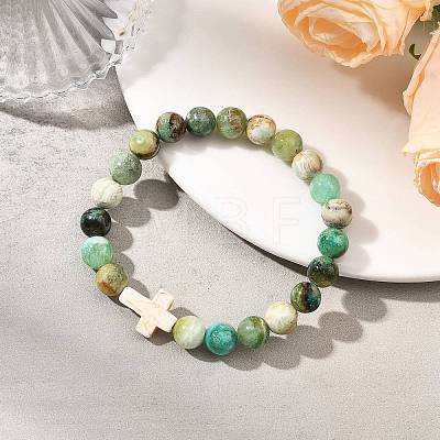Natural Green Line Jasper & Synthetic Turquoise Cross & Round Beaded Stretch Bracelets for Women Men BJEW-JB13926-02-1