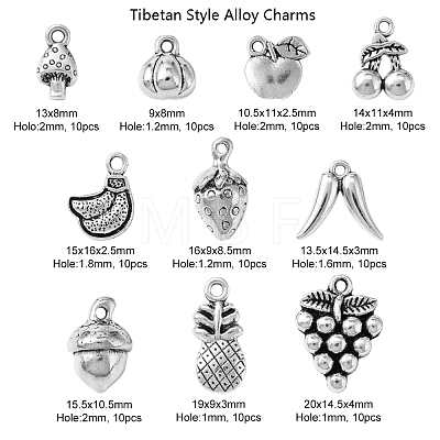 100Pcs 10 Styles Tibetan Style Alloy Pendants TIBEP-CJ0001-67-1