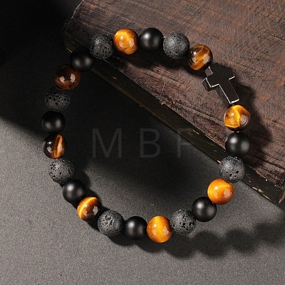 Natural Tiger Eye & Lava Rock & Black Stone Round Beads Stretch Bracelets LL8667-1