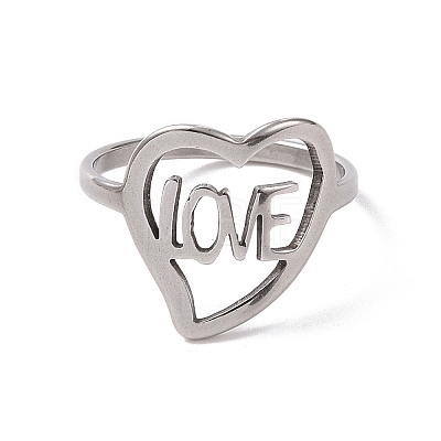 Non-Tarnish 201 Stainless Steel Heart with Word Love Finger Ring RJEW-J051-38P-1