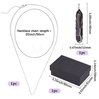 1Pc Natural Amethyst Bullet Macrame Pouch Pendant Alloy Chain Necklaces NJEW-PA0001-01C-1