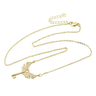 Brass Micro Pave Clear Cubic Zirconia Winged Key Pendant Necklaces CU-CBABA66-13G-1