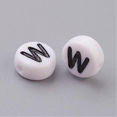 Flat Round with Letter W Acrylic Beads X-PL37C9070-W-1