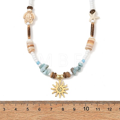 Ocean 304 Stainless Steel Sun Pendant Chip Natural Larimar and Coconut Beaded Necklaces for Women NJEW-JN06660-1