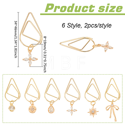 12Pcs 6 Style Flower/Snowflake/Bowknot Brass Micro Cubic Zirconia Charm Bookmarks AJEW-AB00184-1