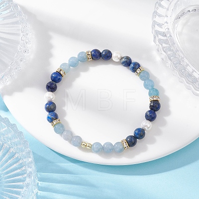 Natural Lapis Lazuli & Quartz & Shell Pearl Round Beads Stretch Bracelets for Women BJEW-JB12229-03-1