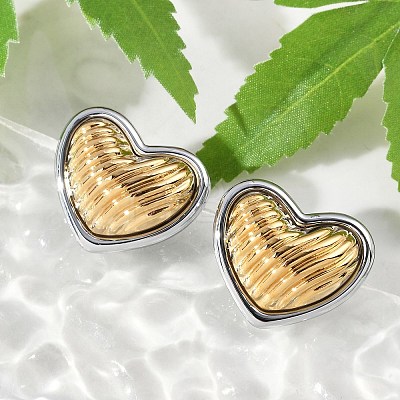 304 Stainless Steel Two Tone Heart Stud Earrings EJEW-M073-09PG-02-1