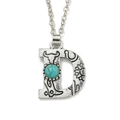 Letter A~Z Antique Silver Plated Alloy with Synthetic Turquoise Pendant Necklaces NJEW-G080-01D-1