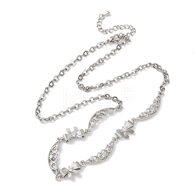 Brass Pave Clear Cubic Zirconia Bowknot and Hollow Moon Link Chain Necklaces NJEW-D348-02P-1