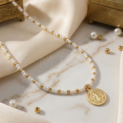 304 Stainless Steel Saint Benedict Medal Pendant Glass and Brass Beaded Short Necklaces for Women Daily Wear LS-AB8901-1