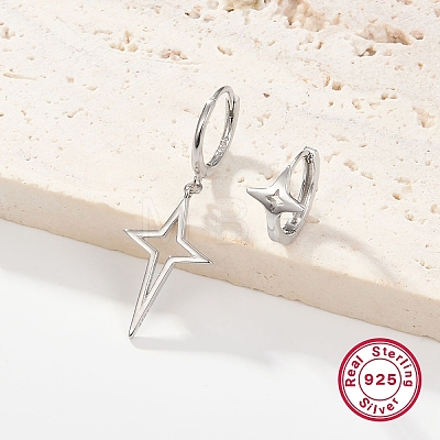2 Pair 2 Style Rhodium Plated 925 Sterling Silver Hollow Star Dangle Hoop Earrings Sets for Women EJEW-F317-04P-1
