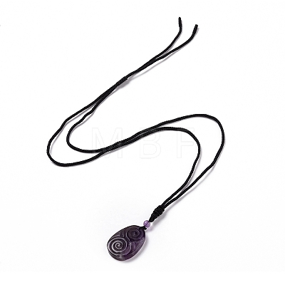 Adjustable Natural Amethyst Teardrop with Spiral Pendant Necklace with Nylon Cord for Women NJEW-L171-04B-1