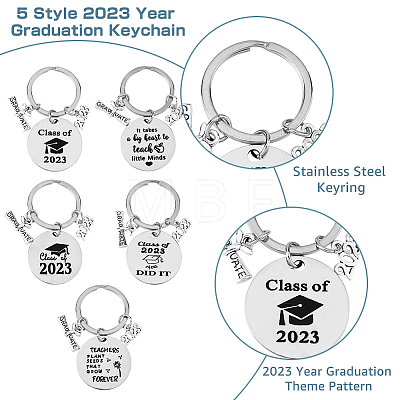 5Pcs 5 Style Class of 2023 Graduation Gifts Stainless Steel Keychain KEYC-FH0001-32B-1