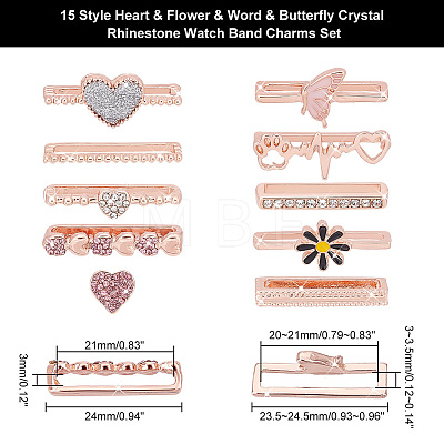   15Pcs 15 Style Heart & Flower & Word & Butterfly Crystal Rhinestone Watch Band Charms Set FIND-PH0007-69-1