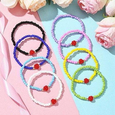 8Pcs 8 Colors Glass Seed Beaded Stretch Bracelet Sets BJEW-MZ00103-1