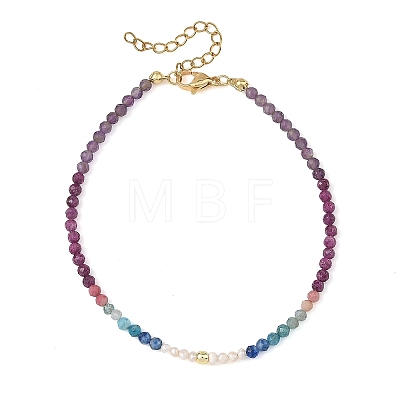 Natural Pearl Potato & Faceted Round Natural Ruby & Apatite & Kyanite & Rhodonite & Amethyst Beaded Anklets AJEW-AN00838-1