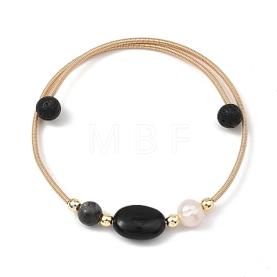 Round & Oval Natural Black Tourmaline & Larvikite & Lava Rock & Cultured Freshwater Pearl & Non-magnetic Synthetic Hematite Beaded Bangles BJEW-JB14079-1